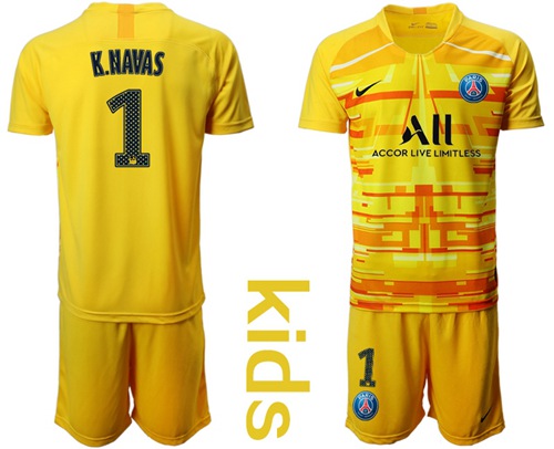 Paris Saint Germain #1 K.Navas Yellow Goalkeeper Kid Soccer Club Jersey